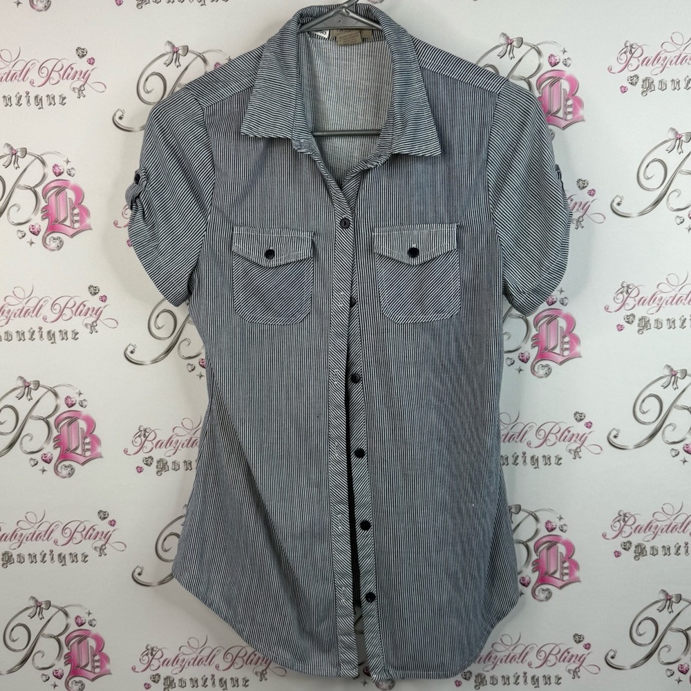 Passport t-shirt, cargoes, stripes, blue buttons, Navy and White Striped Shirt